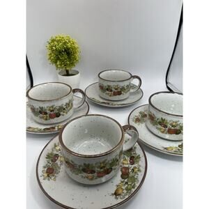 Vintage Stoneware Soup Cups & Saucers Set of 4 – Speckled Fruit Pattern